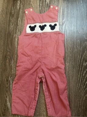 Toddler Red Gingham One-Piece Overalls with Navy Mouse Appliqué